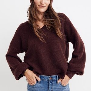 Cashmere V-Neck Bubble-Sleeve Sweater